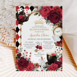 Red Roses Floral Alice in Wonderland Quinceañera  Invitation<br><div class="desc">Personalize this lovely quinceañera invitation with own wording easily and quickly,  simply press the customize it button to further re-arrange and format the style and placement of the text.  Matching items available in store!  (c) The Happy Cat Studio</div>