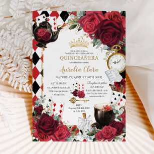 Red Roses Floral Alice in Wonderland Quinceañera  Invitation
