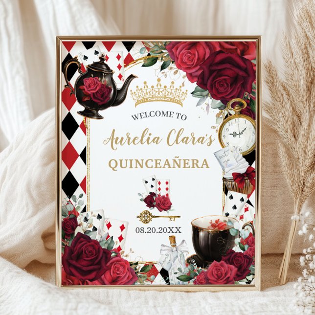 Red Roses Floral Alice in Wonderland Quinceañera Poster (Creator Uploaded)