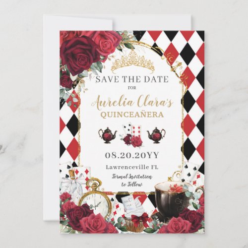 Red Roses Floral Alice in Wonderland Quinceaera Save The Date