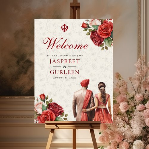 Red Roses Floral Anand Karaj Wedding Welcome Sign