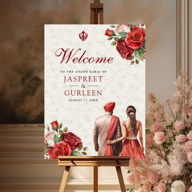 Red Roses Floral Anand Karaj Wedding Welcome Sign (Creator Uploaded)