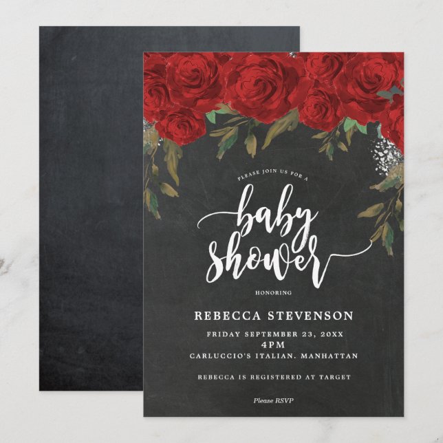 red roses floral baby shower invitation chalk (Front/Back)