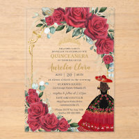 Red Roses Floral Black Charro Dress Quinceañera