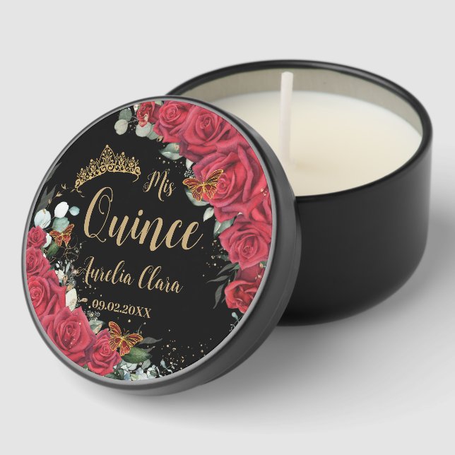 Red Roses Floral Black Dress Quinceanera Sweet 16 Mini Candle Favors (Corner)
