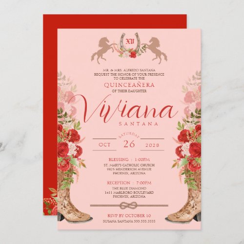 Red Roses Floral Boots Western Charra Quinceanera  Invitation