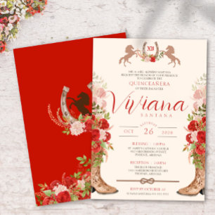 Red Roses Floral Boots Western Charra Quinceanera Invitation