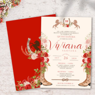 Red Roses Floral Boots Western Charra Quinceanera Invitation