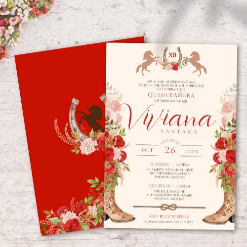 Red Roses Floral Boots Western Charra Quinceanera Invitation