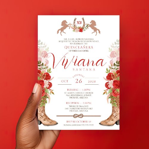 Red Roses Floral Boots Western Charra Quinceanera Invitation