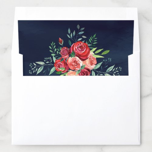 Red Roses Floral Bouquet Navy Blue Wedding Envelope Liner