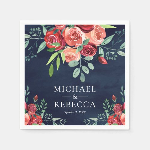 Red Roses Floral Bouquet Navy Blue Wedding Napkins