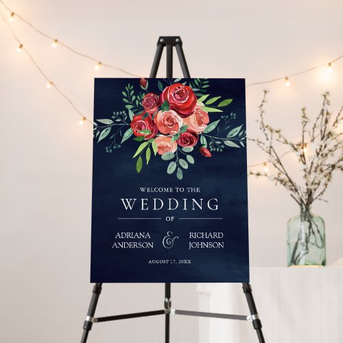 Red Roses Floral Bouquet Navy Wedding Welcome Sign