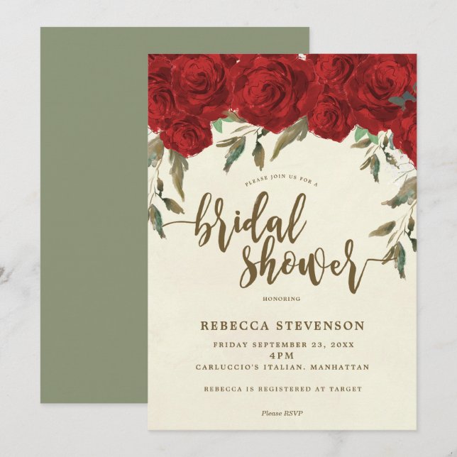 red roses floral bridal shower invitation (Front/Back)