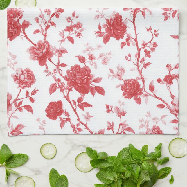 Red Roses Floral Bridal Shower Kitchen Towel (Folded)