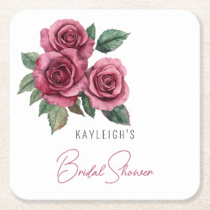 Red Roses Floral Bridal Shower Square Paper Coaster