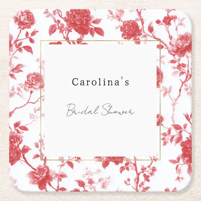 Red Roses Floral Bridal Shower  Square Paper Coaster (Front)