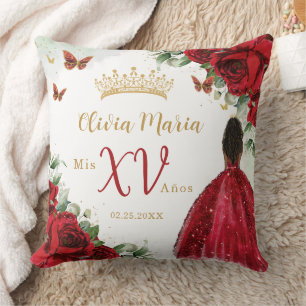 Red Roses Floral Brown Princess Dress Quinceañera Throw Pillow