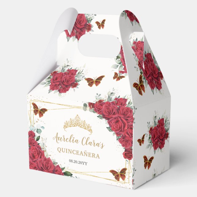 Red Roses Floral Butterflies Gold Birthday Gable Favor Boxes (Front)
