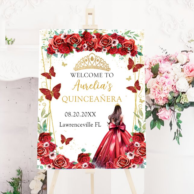 Red Roses Floral Butterflies Princess Quinceañera Foam Board (Creator Uploaded)