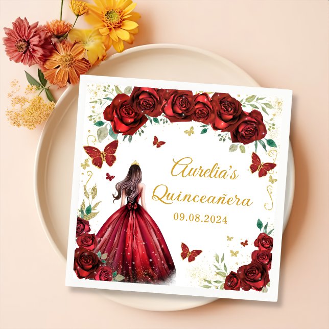 Red Roses Floral Butterflies Princess Quinceanera Paper Dinner Napkins (Creator Uploaded)
