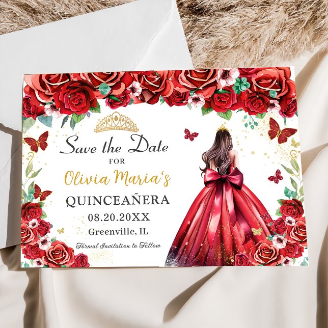 Red Roses Floral Butterflies Princess Quinceañera  Save The Date (Creator Uploaded)