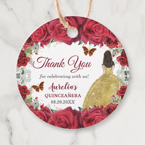Red Roses Floral Butterflies Princess Yellow Dress Favor Tags