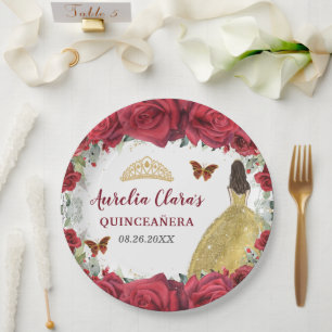 Red Roses Floral Butterflies Princess Yellow Dress Paper Plates