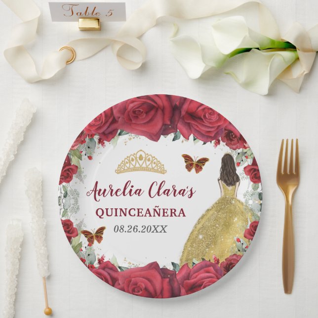 Red Roses Floral Butterflies Princess Yellow Dress Paper Plates (Wedding)