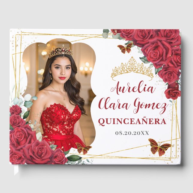 Red Roses Floral Butterflies QUINCEAÑERA 16 Photo Guest Book (Front)