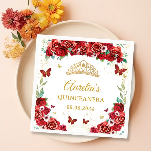 Red Roses Floral Butterflies Quinceanera Napkins (Creator Uploaded)
