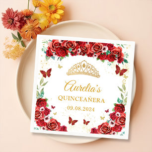 Red Roses Floral Butterflies Quinceanera Napkins