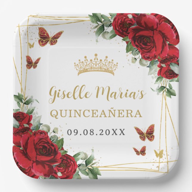 Red Roses Floral Butterflies Quinceañera Paper Plates (Front)