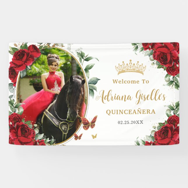 Red Roses Floral Butterflies Quinceanera Photo 15 Banner (Horizontal)