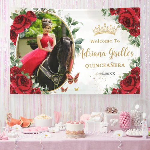 Red Roses Floral Butterflies Quinceaera Photo Banner