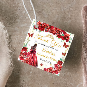 Red Roses Floral Butterflies Quinceañera Princess Favor Tags