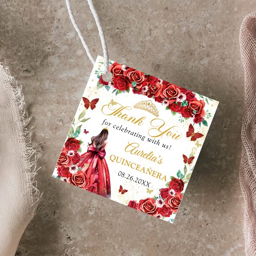 Red Roses Floral Butterflies Quinceaera Princess Favor Tags