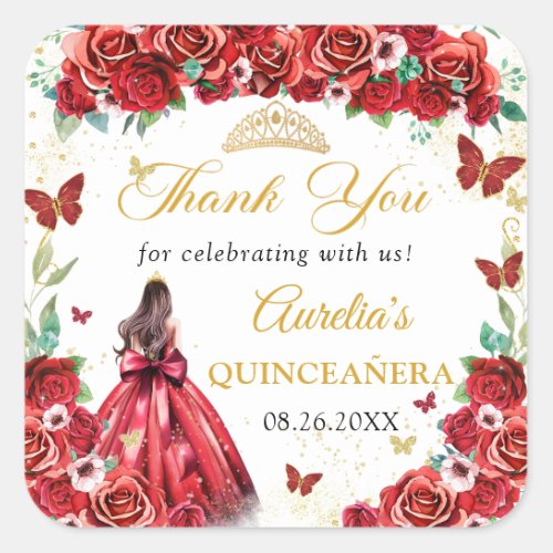Red Roses Floral Butterflies Quinceaera Princess Square Sticker