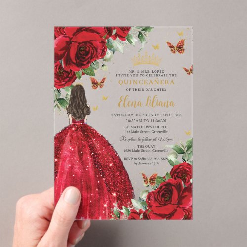 Red Roses Floral Butterflies Quincea&#241;era Sweet 16 Acrylic Invitations