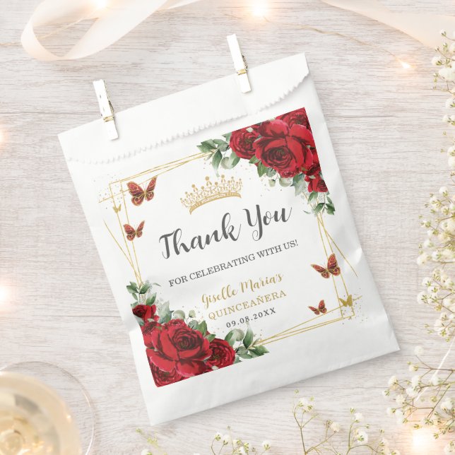 Red Roses Floral Butterflies Quinceanera Sweet 16 Favor Bag (Clipped)