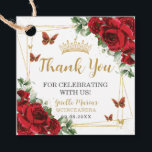 Red Roses Floral Butterflies Quinceanera Sweet 16 Favor Tags<br><div class="desc">Coordinate your party with these elegant personalized Red Roses Floral Square Favor Tags. Personalize them easily and quickly, simply click the customize it further button to edit the texts, change fonts and fonts colors. Featuring beautiful watercolor red roses flowers, gold butterflies and a gold geometric frame. Matching items available in...</div>