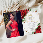 Red Roses Floral Butterflies Quinceañera Sweet 16  Invitation<br><div class="desc">Personalize this boho chic vibrant red floral Quinceañera / Sweet 16 birthday picture invitation easily and quickly. Simply click the customize it further button to edit the texts, change fonts and fonts colors. Featuring beautiful bright red roses and red and gold butterflies. Matching items available in store. (c) Somerset Fine...</div>