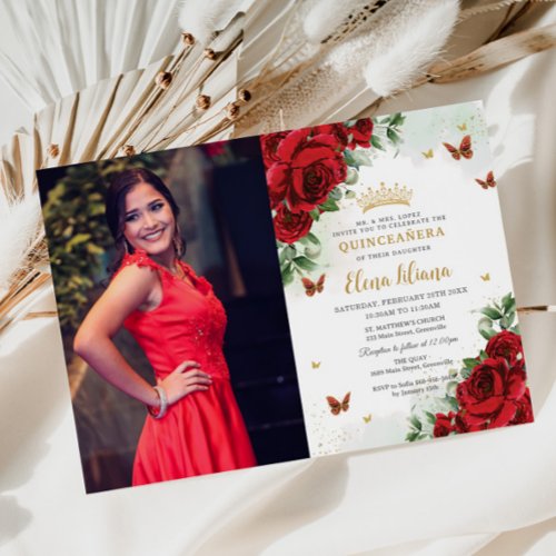 Red Roses Floral Butterflies Quinceaera Sweet 16  Invitation