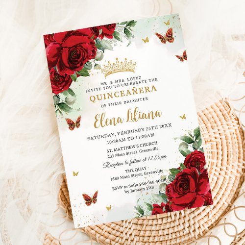 Red Roses Floral Butterflies Quinceaera Sweet 16 Invitation