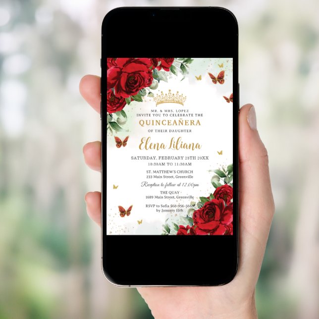 Red Roses Floral Butterflies Quinceañera Sweet 16 Invitation (Front Digital)
