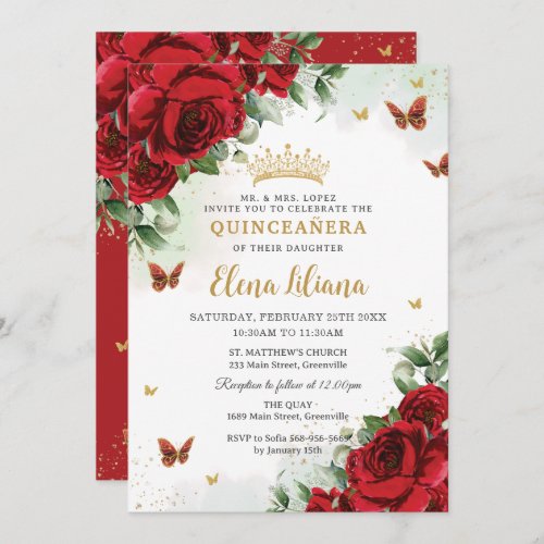 Red Roses Floral Butterflies Quinceaera Sweet 16 Invitation