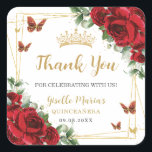 Red Roses Floral Butterflies Quinceanera Sweet 16 Square Sticker<br><div class="desc">Coordinate your party with these elegant personalized Red Roses Floral Square Sticker Labels. Personalize them easily and quickly, simply click the customize it further button to edit the texts, change fonts and fonts colors. Featuring beautiful watercolor red roses flowers, gold butterflies and a gold geometric frame. Matching items available in...</div>