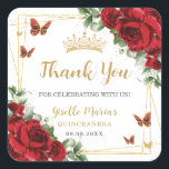 Red Roses Floral Butterflies Quinceanera Sweet 16 Square Sticker<br><div class="desc">Coordinate your party with these elegant personalized Red Roses Floral Square Sticker Labels. Personalize them easily and quickly, simply click the customize it further button to edit the texts, change fonts and fonts colors. Featuring beautiful watercolor red roses flowers, gold butterflies and a gold geometric frame. Matching items available in...</div>
