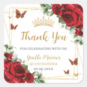 Red Roses Floral Butterflies Quinceanera Sweet 16 Square Sticker