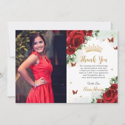 Red Roses Floral Butterflies Quinceaera Sweet 16  Thank You Card